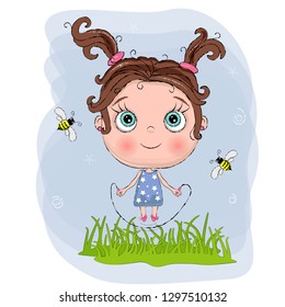 cute little girl with blue dress jump with rope, adorable baby cartoon background. lovely greeting card. vector illustation.
