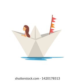 Cute Little Girl Boating in Paper Boat Vector Illustration
