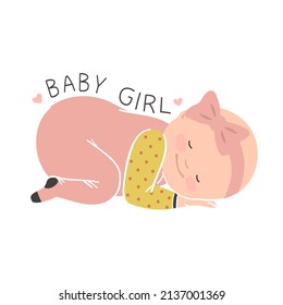 Cute Little Girl In A Bodysuit And A Romper Is Sleeping. Vector Illustration Of A Baby 1-12 Months Old. Baby Girl Card.