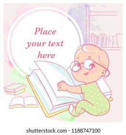 cute little girl  with book  Happy smiling toddler wear glasses, sit, hold book . Physical, intellectual development. Preset for blog. Template for mom's social media. Vector illustration.