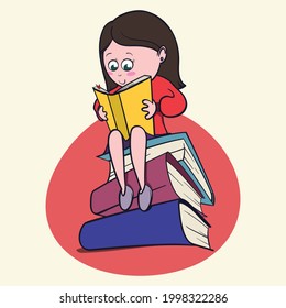 Un amante lindo de los libros de chicas disfruta leyendo grandes libros y novelas. Estilo de caricatura Ilustración bibliófila para novelas gráficas.