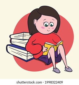 Cute little girl book lover enjoys reading big books and novels. Cartoon style Bibliophile Illustration for Graphic Novels.