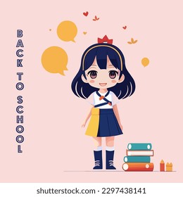 Cute little girl with book and speech bubble. Vector illustration. Back to School