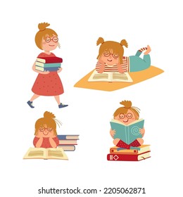 Cute Little Girl With Books. Cartoon Female  Kid Reading Books In Different Poses. Happy Child Reader, Set Of Education Concept. Hand Drawn Vector Illustration, Isolated On White. Flat Design.