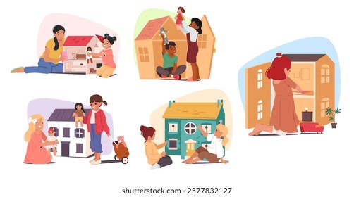 Cute little girl, bother and sister siblings, mother and daughter playing with doll house at home isolated scene set. Happy childhood, kids game entertainment and playful activity vector illustration