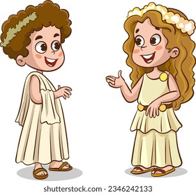 Cute little girl and boy in the ancient Greek costume. Vector illustration