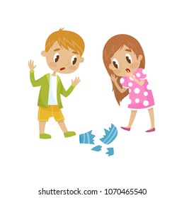 Cute Little Girl And Boy Broken A Vase, Hoodlum Cheerful Kid, Bad Child Behavior Vector Illustration On A White Background.