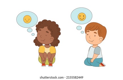 Cute little girl and boy expressing different emotions with speech bubbles set cartoon vector illustration
