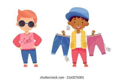 Cute Little Girl And Boy In Fashionable Outfit Choosing And Buying Clothes Set Cartoon Vector Illustration