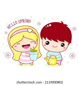 Cute little girl and boy planting plant. Inscription Hello spring. Brother and sister planting tree on Arbor day in spring. Can be used for banner, poster, nursery, t-shirt. Vector illustration EPS8