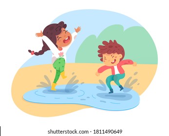 Pequeña y linda niña jugando juntos en el charco. Niños con botas de goma saltando y divirtiéndose al aire libre. Escena de comportamiento de buen o mal chico. Ilustración de carácter vector de amistad, infancia