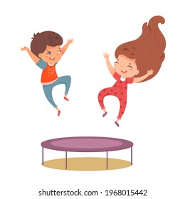 Cute little girl and boy playing on trampoline. Laughing children jumping isolated on white background. Vector character illustration of sportive kids activity, summer leisure outdoors, training