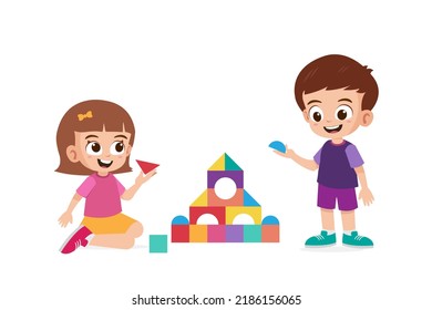 Cute Little Girl Boy Playing Building Stock Vector (Royalty Free ...