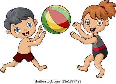 Cute Little girl and boy playing beach ball