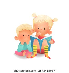 Cute little girl and boy reading a book together. Brother and sister children study or learn to read book. Character design for kids education. Watercolor colored vector clip art cartoon illustration.