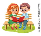 Cute little girl and boy sitting together reading book with interest on a wooden bench in a park with bright green grass. Vector illustration