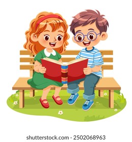 Cute little girl and boy sitting together reading book with interest on a wooden bench in a park with bright green grass. Vector illustration