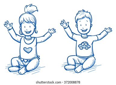 Cute little girl and boy sitting and lifting their arms happily. Hand drawn cartoon doodle vector illustration.