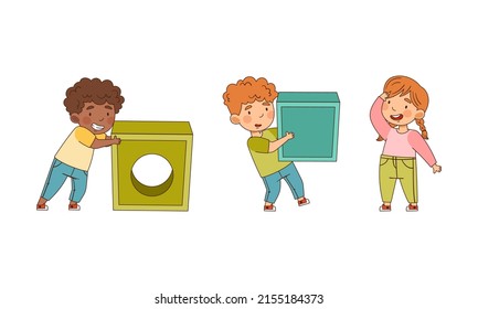 Cute little girl and boys playing with stuffed toy blocks cartoon vector illustration