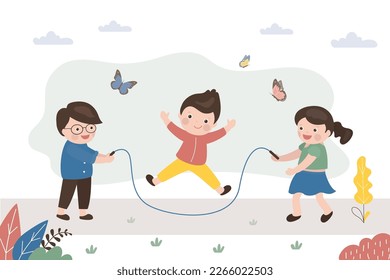 Niña y niños guapos juegan a la cuerda de saltar. Felices niños caucásicos entrenando y haciendo ejercicio. Los amigos pasan el verano. Infancia, actividad de verano, juegos infantiles. ilustración vectorial plana