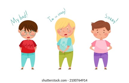 Cute little girl and boys saying sorry set. Good manners of kids cartoon vector illustration