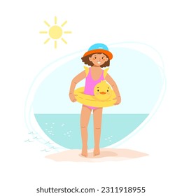 Cute little girl in bright swimsuit, sun hat on the beach near water with inflatable swim ring in shape of duck. Vector illustration of active family vacation with children at sea.