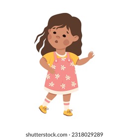 Cute little girl. Brunette girl dressed yellow t-shirt and pink sundress gesturing cartoon vector illustration