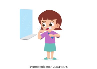 Cute little girl brushes her teeth with a toothbrush vector illustration