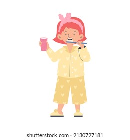 Cute little girl brushing her teeth at night or after waking up, flat cartoon vector illustration isolated on white background. Child girl taking care of herself.