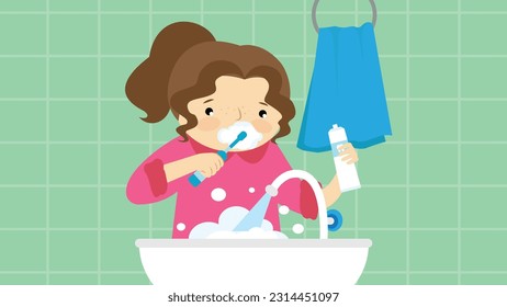 Cute little girl brushing her teeth in the bathroom. Vector illustration
