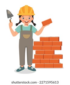 Cute little girl builder holding cement bricklayer tool working at the construction site