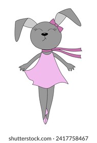 Cute little girl bunny ballerina in a pink dress stands on pointe shoes. Cartoon flat style. Hand drawn vector illustration on a white background for cards, print, banner, children's room decoration.