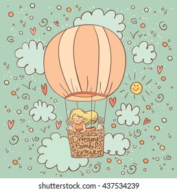 Cute Little girl and bunny. Beautiful greeting card in vector. Dreams come true lettering