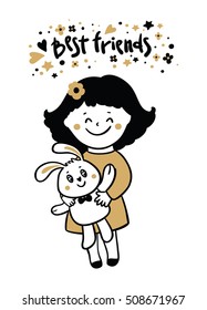 Cute Little girl and bunny. Beautiful greeting card in vector. Best friends