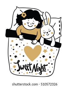 Cute Little girl and bunny. Beautiful greeting card in vector. Best friends