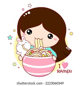 Cute little girl and bunny eat ramen noodles. Inscription I love ramen. Baby friends girl and rabbit are happy to eat noodles. Square card in kawaii style. Vector illustration EPS8
