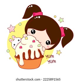 Cute little girl and bunny eat muffin. Inscription Yum yum. Baby friends girl and rabbit are happy to eat cupcake with whipped cream. Square card in kawaii style. Vector illustration EPS8