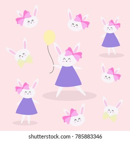 Cute little girl bunny holding yellow balloon with face pattern set on pink pastel background for kids clothing fashion. Cartoon rabbit girl for Easter greeting card. Vector illustration.