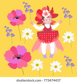 Cute little girl in butterfly costume on meadow. Summer vector design.