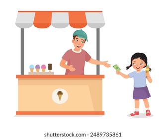 cute little girl buying ice cream from cart