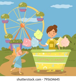 Cute little girl bying cotton candy from street food cart in front of ferris wheel in amusement park vector Illustration, colorful design element for poster or banner