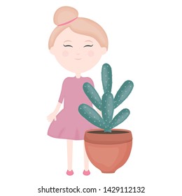 cute little girl with cactus in ceramic pot