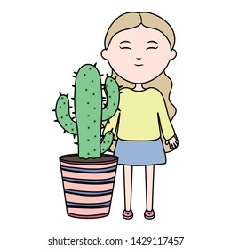 cute little girl with cactus in ceramic pot