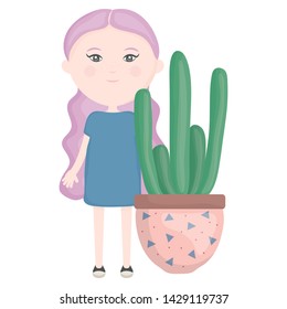 cute little girl with cactus in ceramic pot