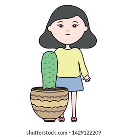 cute little girl with cactus in ceramic pot
