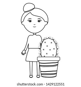 cute little girl with cactus in ceramic pot