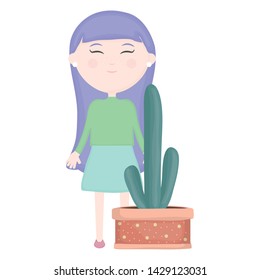 cute little girl with cactus in ceramic pot