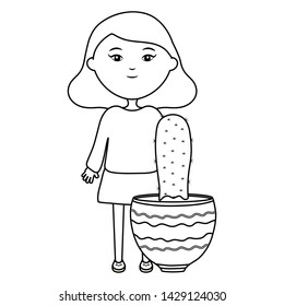 cute little girl with cactus in ceramic pot