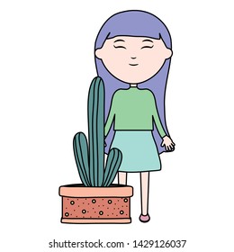 cute little girl with cactus in ceramic pot