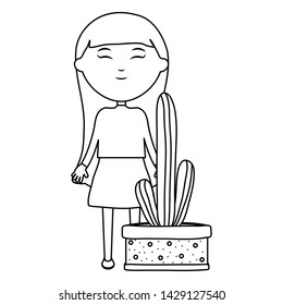cute little girl with cactus in ceramic pot
